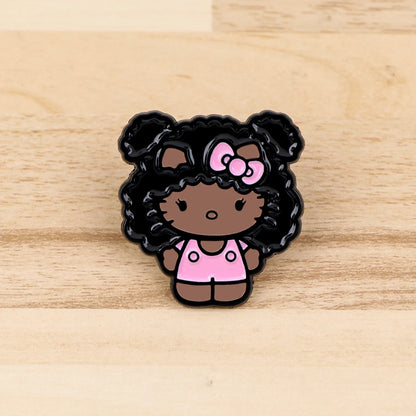 Enamel pin on wood surface