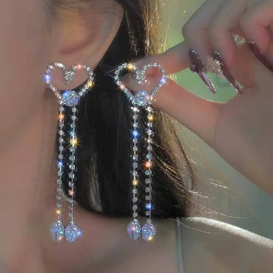 Silver rhinestone heart earrings with long crystal fringe chains