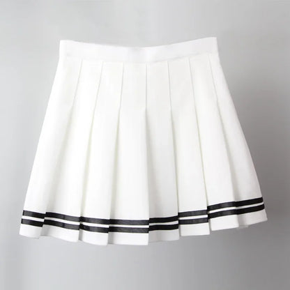 White pleated mini skirt with black uniform stripes