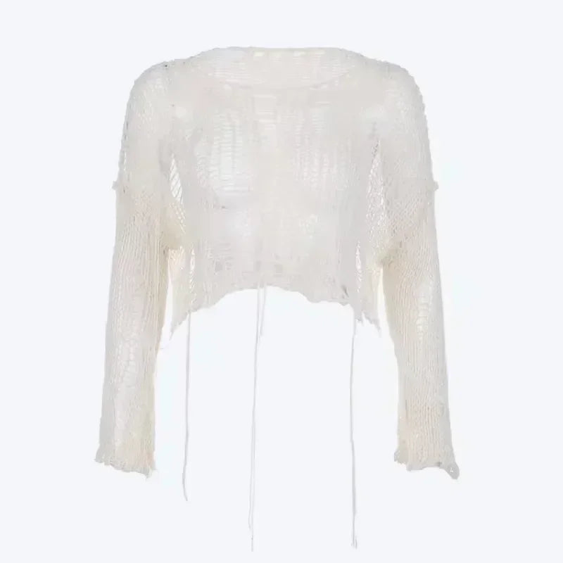 Ivory shredded knit crop sweater, front