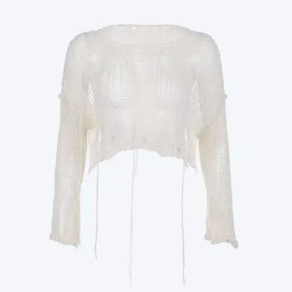 Ivory shredded knit crop sweater, front