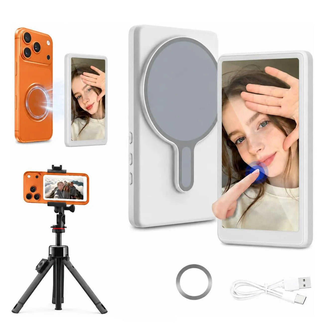 Main Character magnetic touch selfie screen in ghost white, shown with magnetic ring and USB-C cable