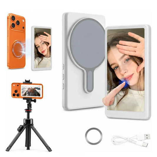 Main Character magnetic touch selfie screen in ghost white, shown with magnetic ring and USB-C cable
