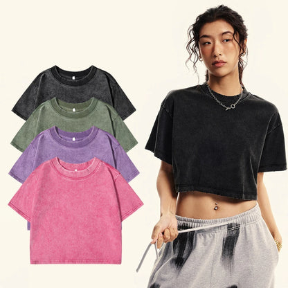 Washed cotton crop tee worn with baggy denim