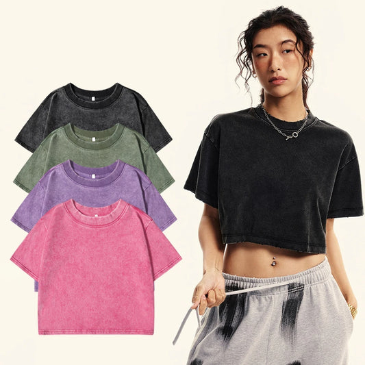 Washed cotton crop tee worn with baggy denim