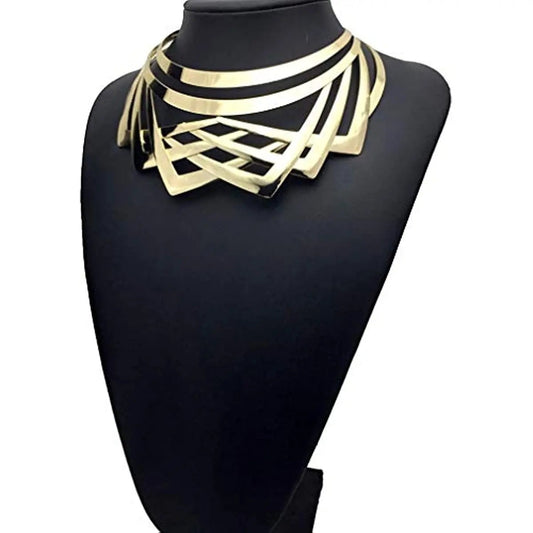 Valkyrie caged statement collar in molten gold, worn