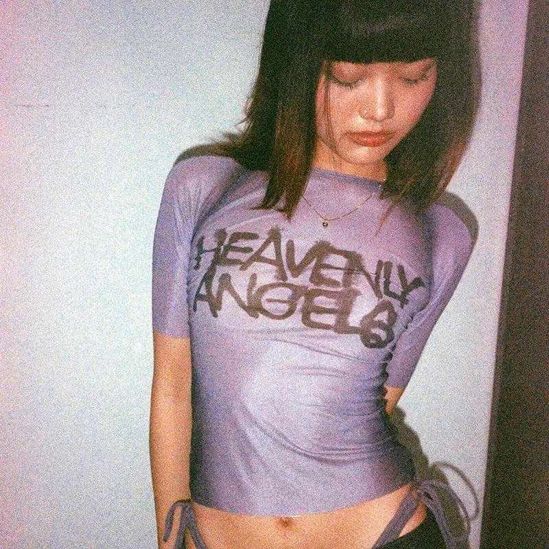 Angel Pink sheer mesh Heavenly Angels baby tee on model