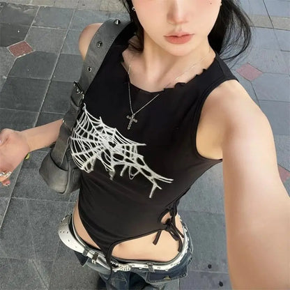 Widow Black spider web print tank front
