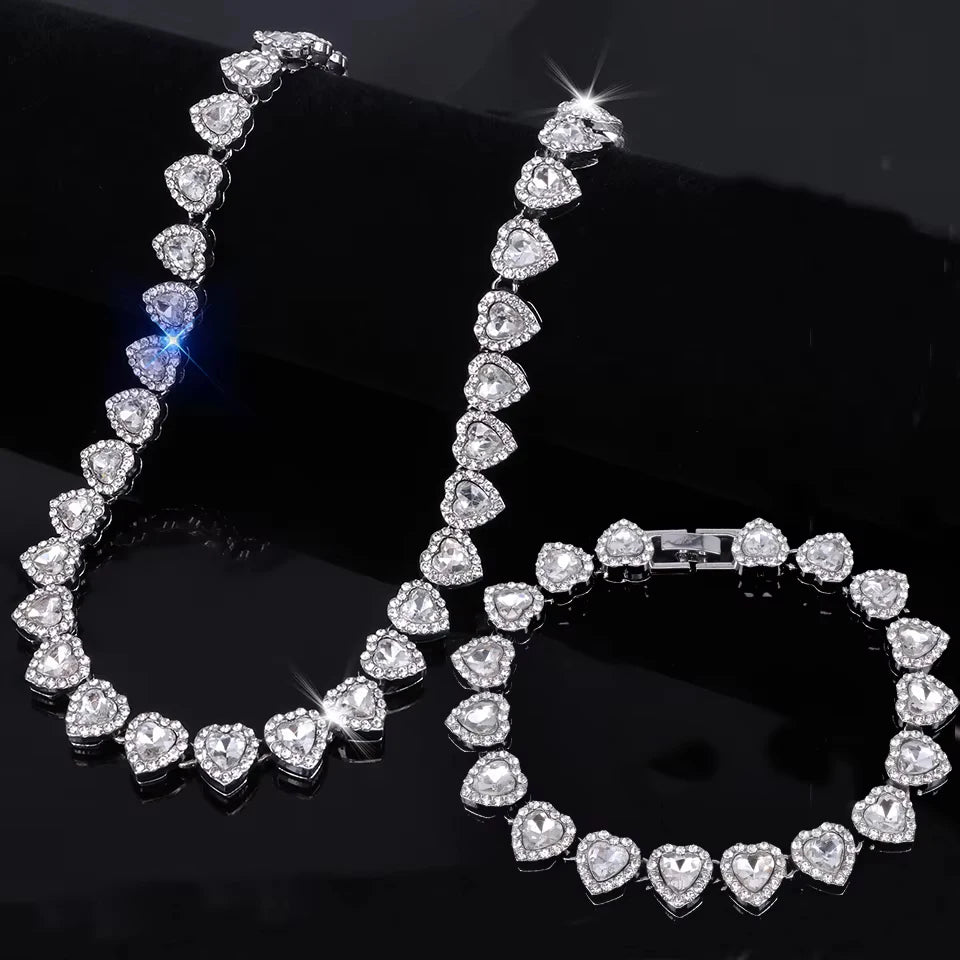 Chrome Ice heart tennis chain and bracelet set