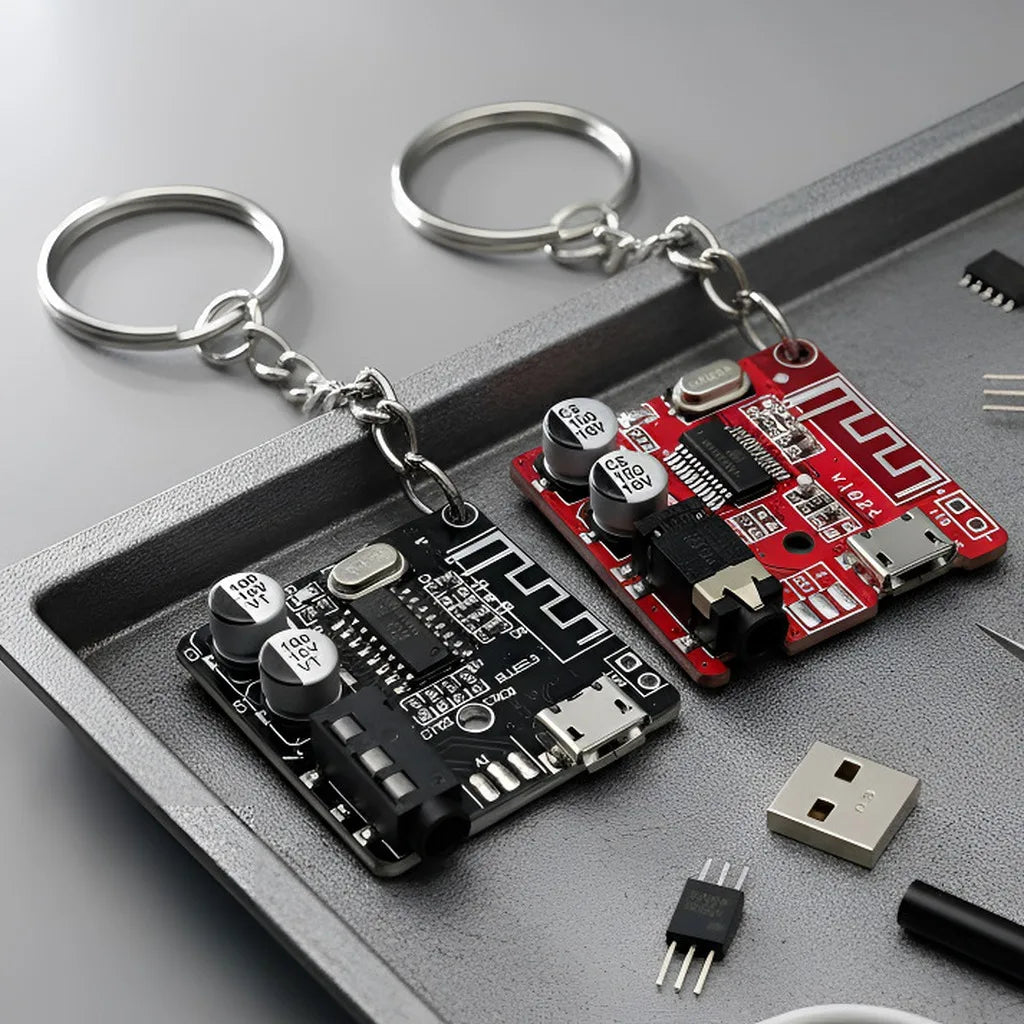 Circuit board keychains flat lay