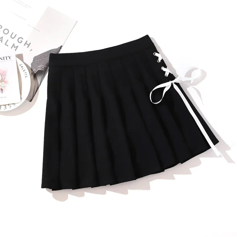 Black pleated mini skirt with white side ribbon lacing