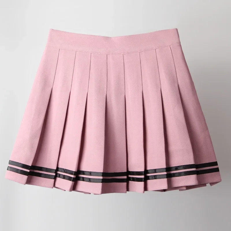 Pink pleated mini skirt with black uniform stripes