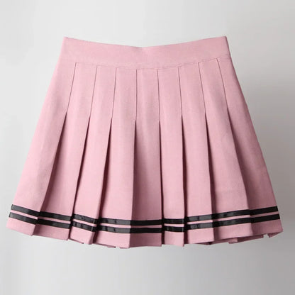 Pink pleated mini skirt with black uniform stripes