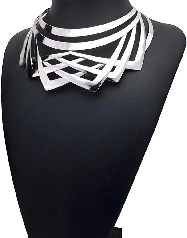 Valkyrie caged statement collar in liquid chrome, worn