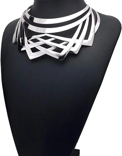 Valkyrie caged statement collar in liquid chrome, worn