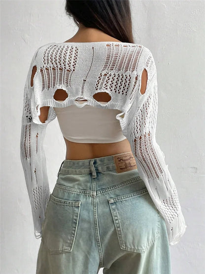 White cropped shrug sweater, back view