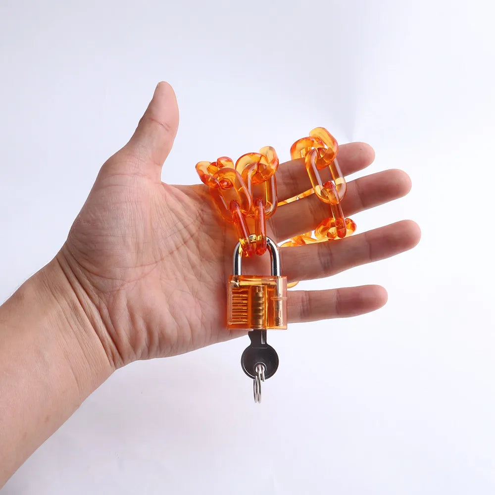 Padlock chain choker held in hand for scale