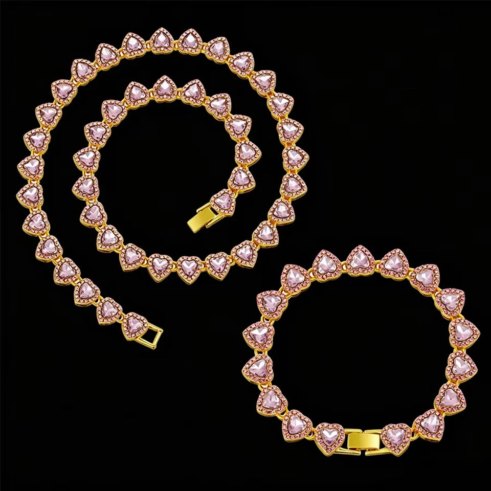 Pink on Gold heart tennis chain and bracelet set