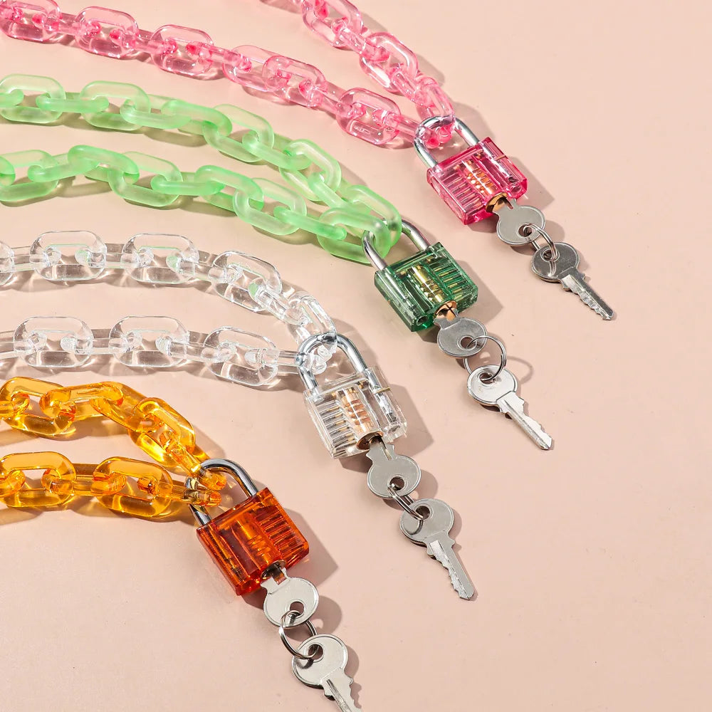 Close up of the chunky acrylic links and keyed padlocks