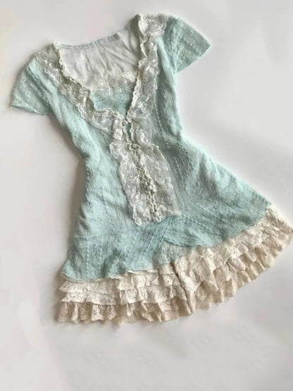 Mint lace top with tiered cream lace ruffle mini, full look