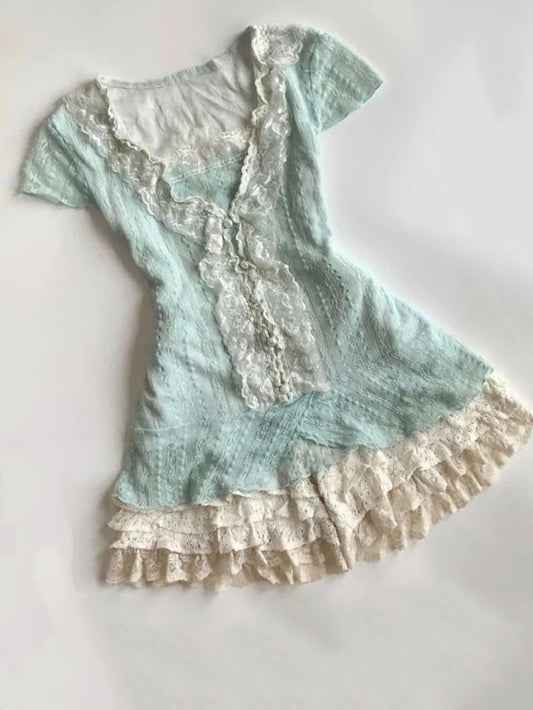 Mint lace top with tiered cream lace ruffle mini, full look