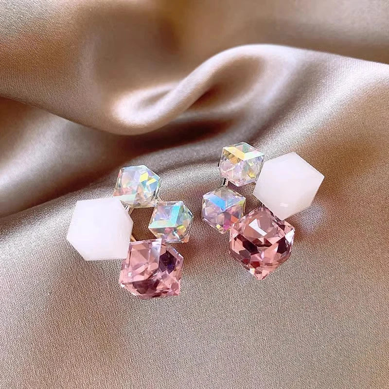 Sugar Pink crystal cube cluster studs
