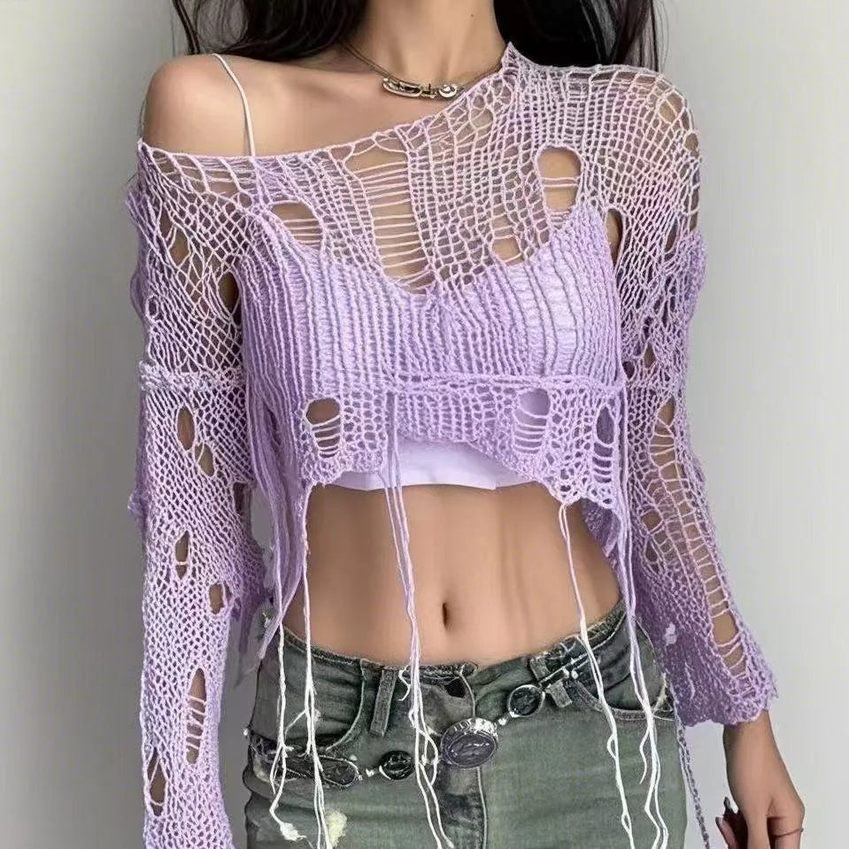 Lilac shredded knit crop sweater, front view