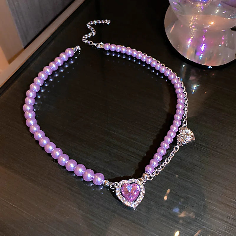Lilac pearl necklace with crystal heart pendant