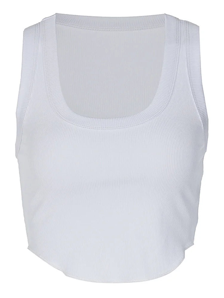 White ribbed square neck crop tank front view
