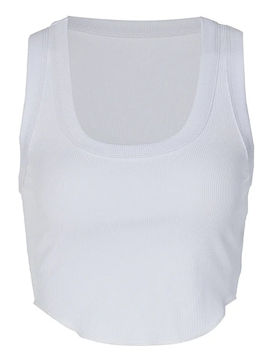 White ribbed square neck crop tank front view