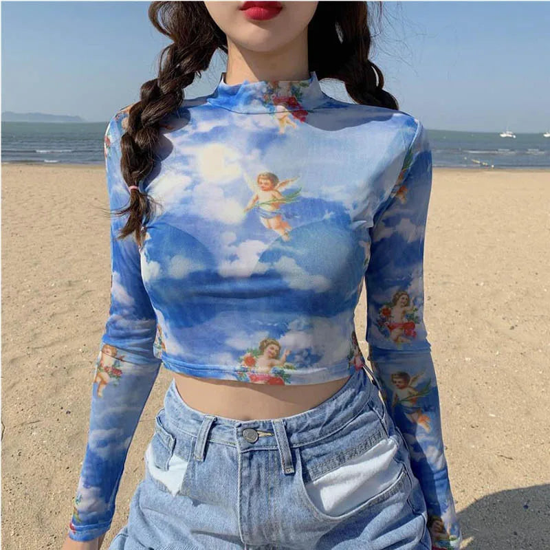Heaven Sent Blue cherub cloud print sheer mesh top, front view