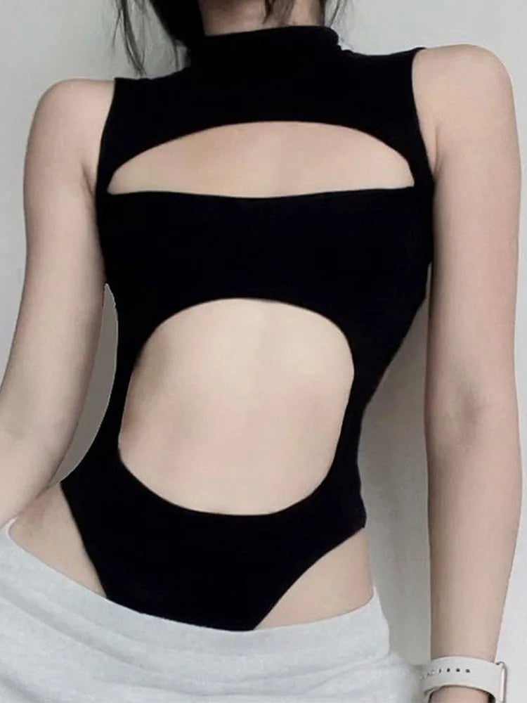 Black cutout bodysuit front detail