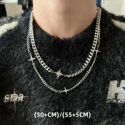 Double Drop layered four-point star chain necklace worn on model