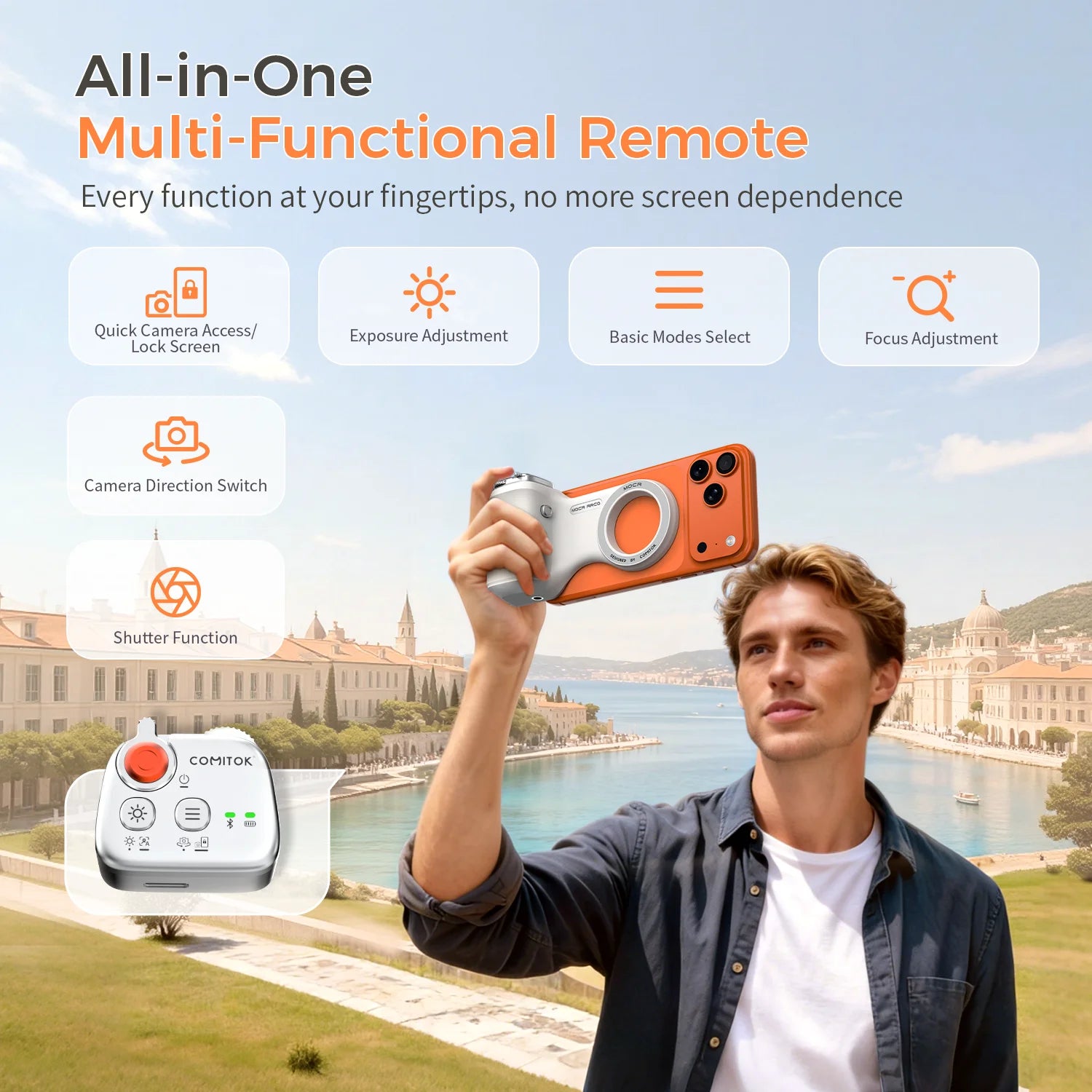 Removable Bluetooth remote controls shutter, zoom and focus
