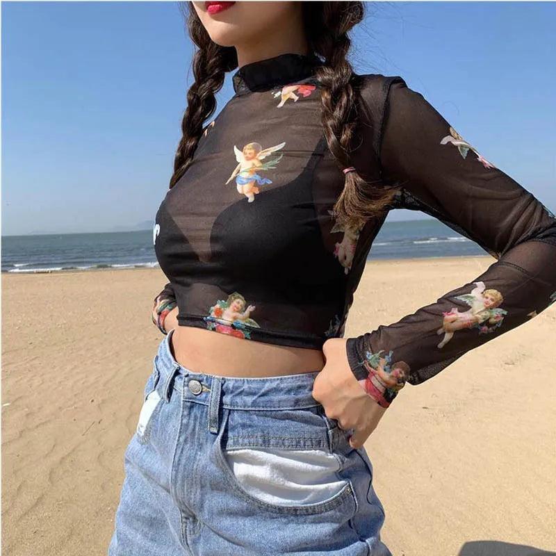 Fallen Angel Black cherub mesh top long sleeve detail