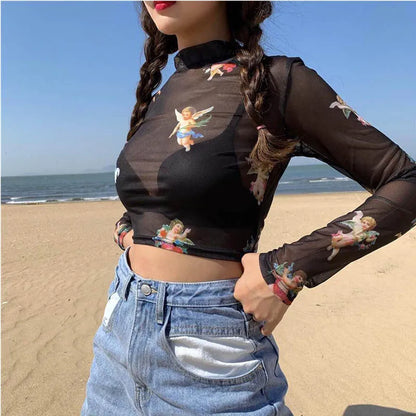 Fallen Angel Black cherub mesh top long sleeve detail
