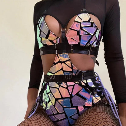 Mirrored bodysuit with open sides and harness waist belt