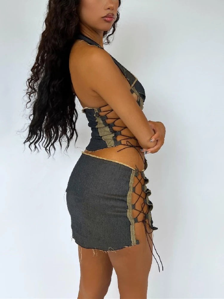 Back and side detail of the lace-up denim mini skirt