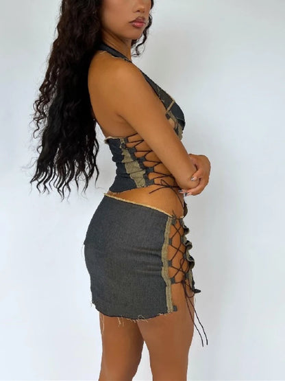 Back and side detail of the lace-up denim mini skirt