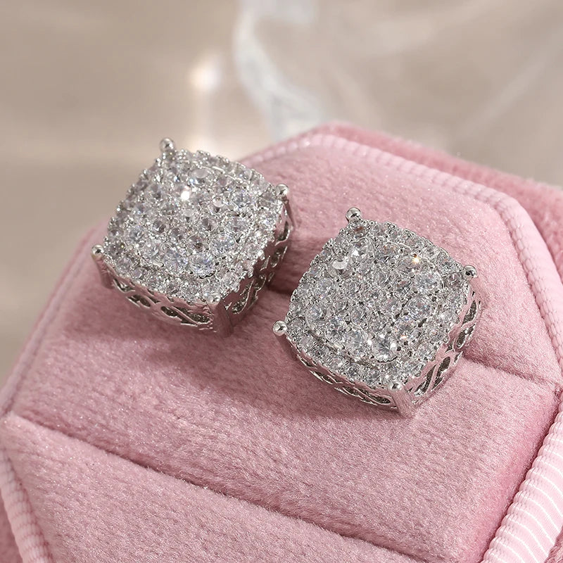 Cushion pave crystal stud earrings silver