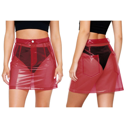 Blood red PVC mini skirt front and back