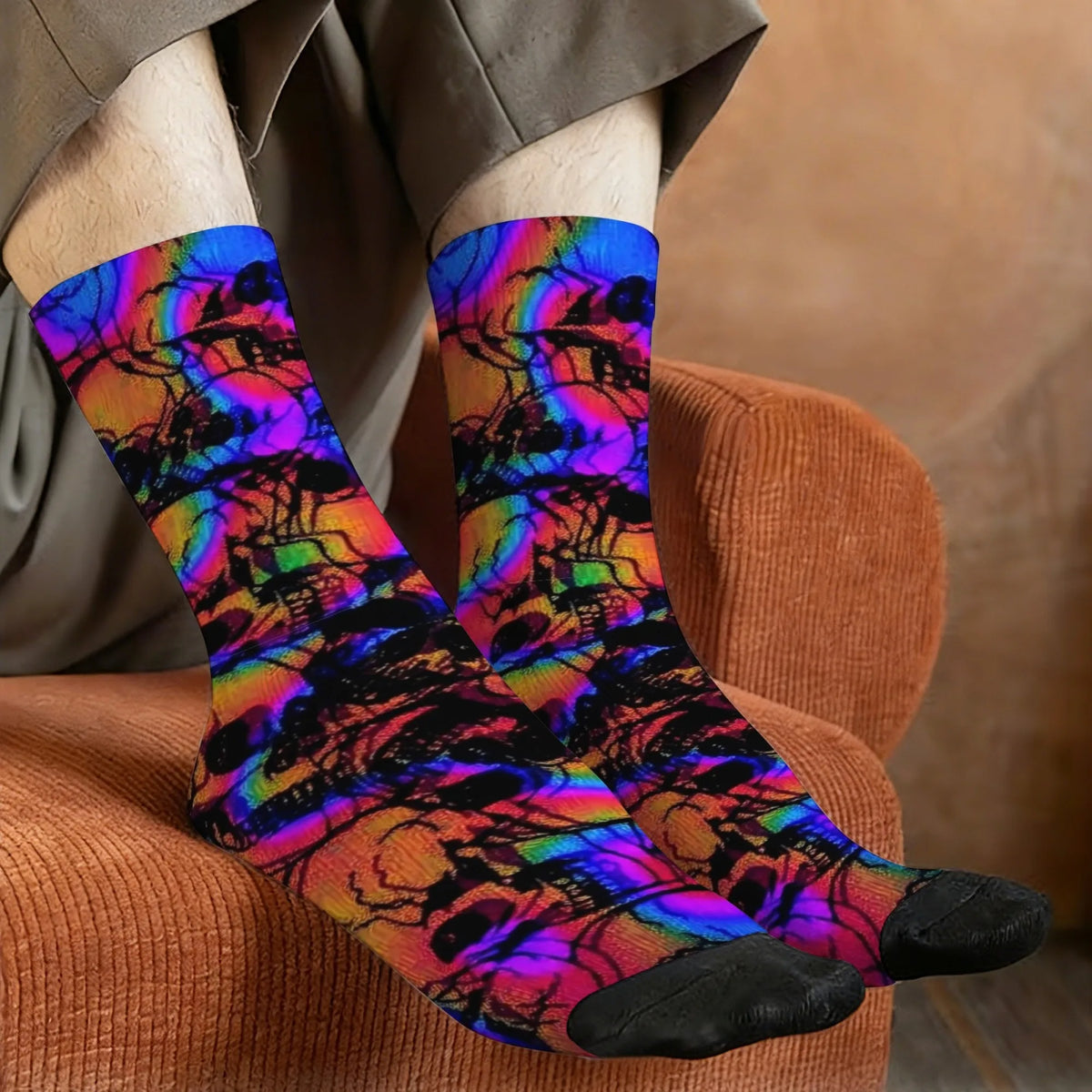 Skull print crew socks worn with trousers