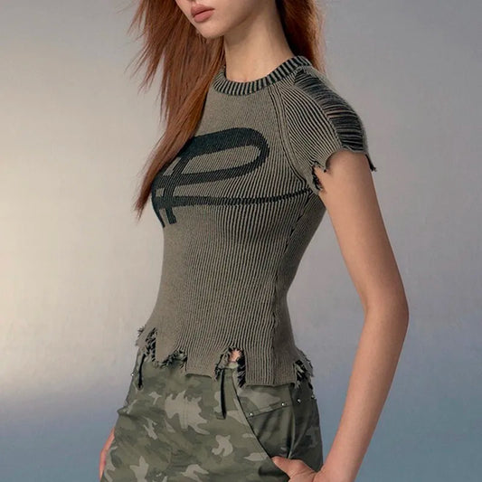 Grunge distressed knit crop top front