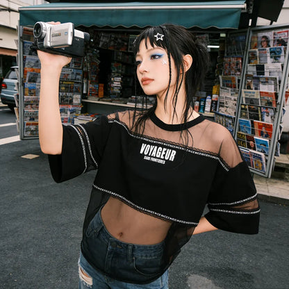 Front view of the sheer mesh oversized tee