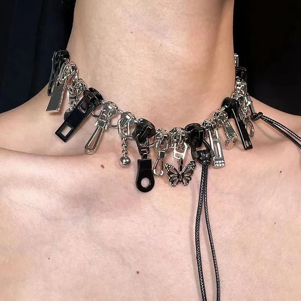 Zipper and skull charm choker worn