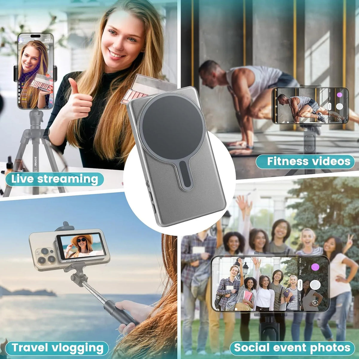 Live streaming, fitness videos, travel vlogging and group photos with the magnetic selfie screen