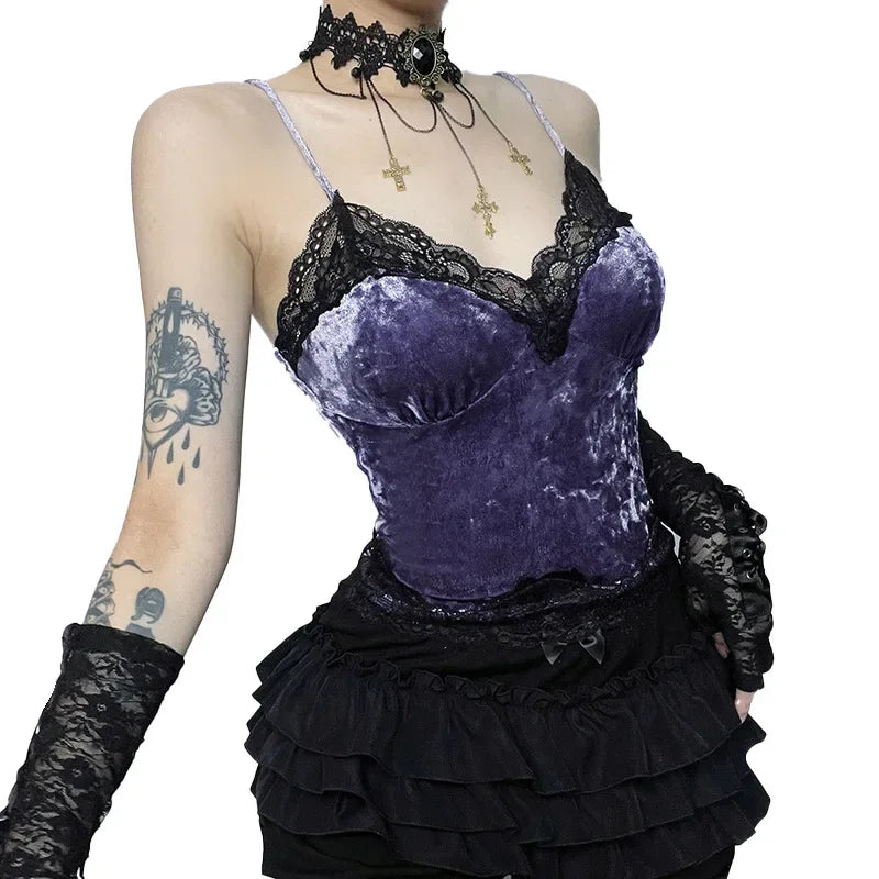 Purple crushed velvet camisole with black lace trim, front view