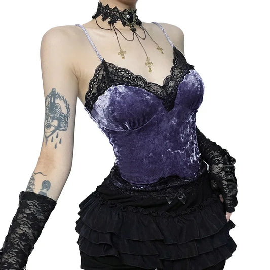 Purple crushed velvet camisole with black lace trim, front view