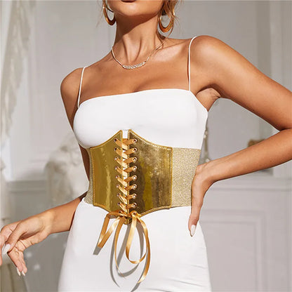 Front view of the gold corset belt with ribbon lacing