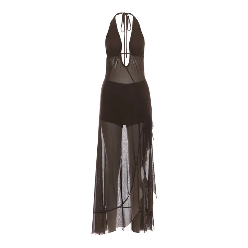 Desert Dust brown sheer mesh halter maxi dress laid flat
